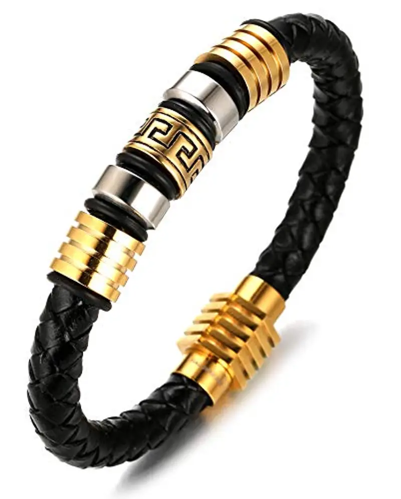 HALUKAKAH Bambini ? Onore Junior ? Bracciale Ragazzo Maschio Vera Pelle Cuoio Nero 6-12 Anni Pattern di Mattoni d'oro Chiusura Magnetica