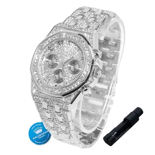 HALUKAKAH Orologio con Diamanti in Oro per Ragazzi, Adolescenti, Bambini - Placcato in Platino, Quadrante Ottagonale 40mm
