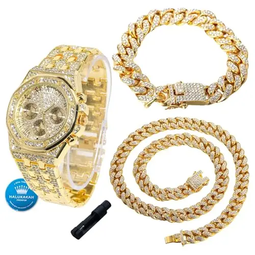 HALUKAKAH Orologio con Diamanti per Ragazzi, Adolescenti - Placcato in Oro 18K, Quadrante Ottagonale 40mm con Numeri