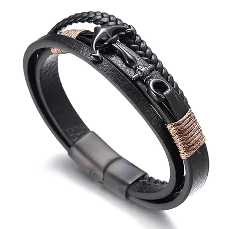 HALUKAKAH Ragazzo ?Vela Junior? Ragazzi Vera Pelle Treccia Fatta a Mano Ancora Braccialetto 13-16 Anni/a. Titanio Opaco Nero Chiusura