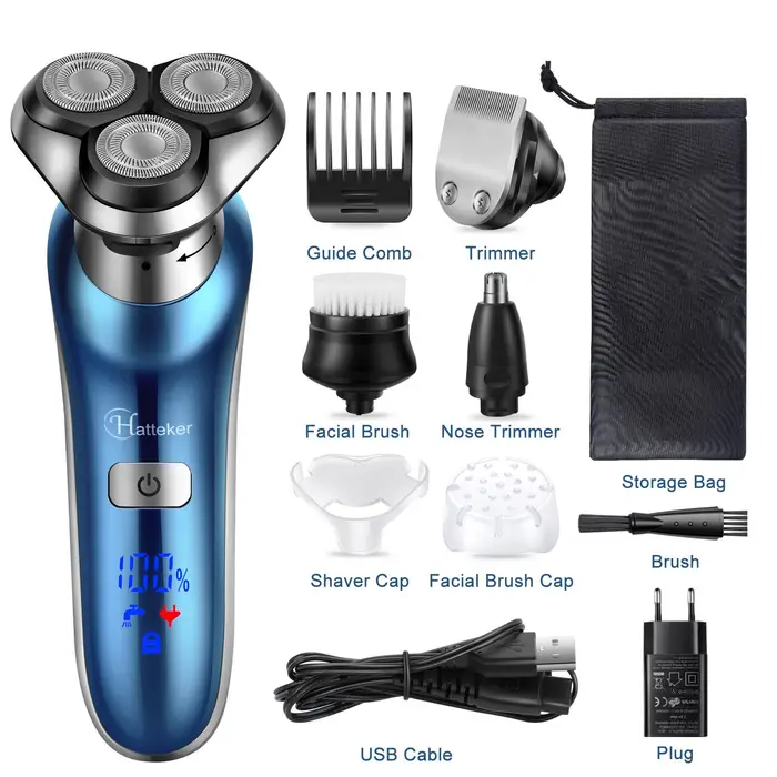 Hatteker Rasoio Elettrico da Uomo 4 in 1 Rasoio Elettrico Macchina da Barba Rotante Kit per Toelettatura Ricaricabile Wet/Dry blu