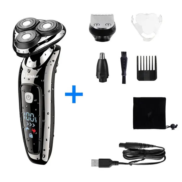 Hatteker Rasoio Elettrico Ricaricabile Cordless Rasoio Elettrico per Uomo 3 in 1 Kit per Toelettatura Macchina da Barba