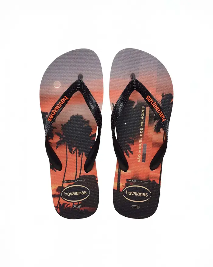 Havaianas Top Surfer nera e arancio con stampa fotografica tramonto