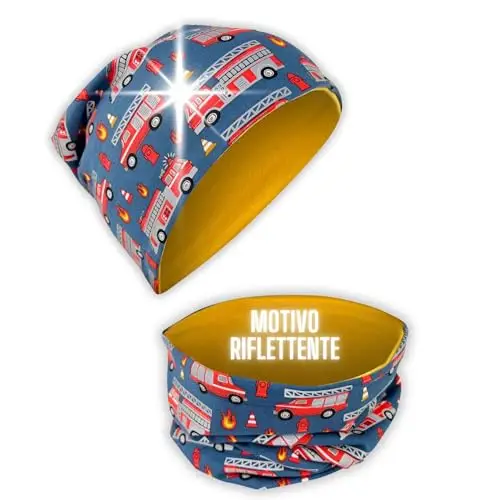 HECKBO 360° riflettore set berretto e sciarpa ad anello per bambini - camion dei pompieri - 2-8 anni - 95% cotone