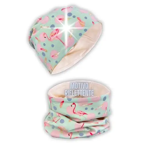 HECKBO 360° riflettore set berretto e sciarpa ad anello per bambini - fenicottero e piume - con cerchi riflettenti