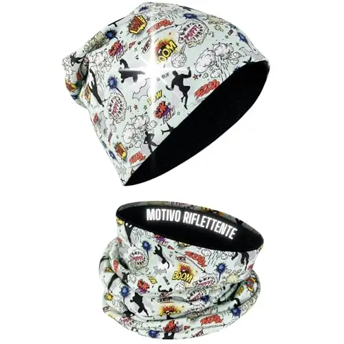 HECKBO 360° riflettore set berretto e sciarpa ad anello per bambini - supereroe - 2-8 anni - 95% cotone - materiale
