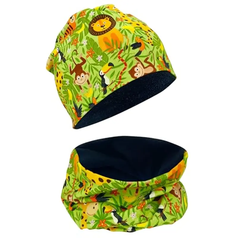 HECKBO Berretto Modello Beanie + Girocollo per Bambini - Cuffia Reversibile con Animali della giungla - da 2 anni - 95%