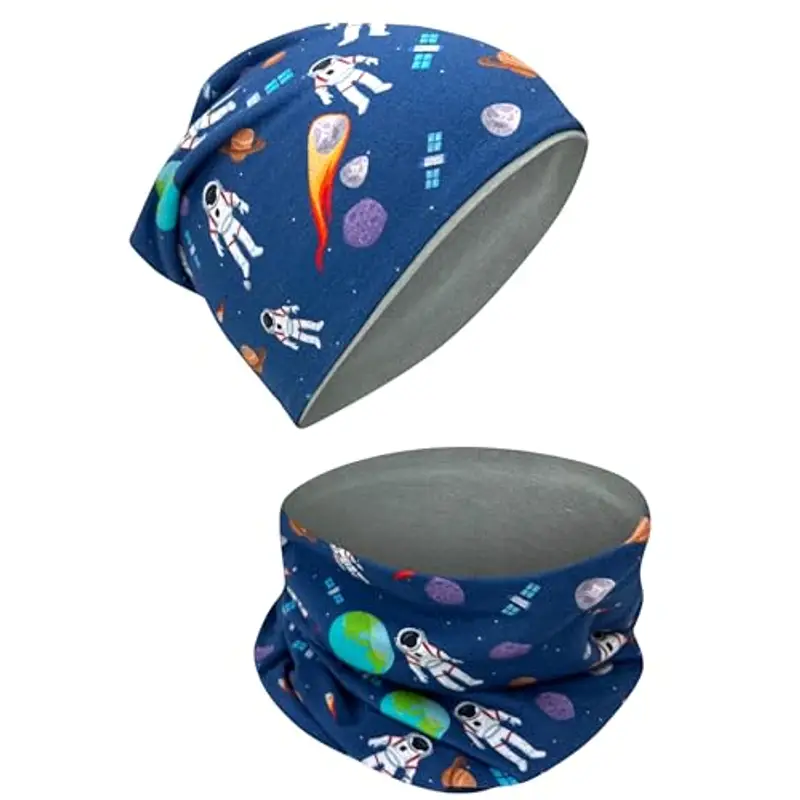 HECKBO Berretto Modello Beanie + Girocollo per Bambini - Cuffia Reversibile con astronauta - da 2 anni - 95% Cotone
