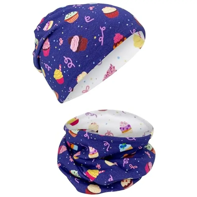 HECKBO Berretto modello Beanie per Bambine + Girocollo - Cuffia Reversibile con Stampa Cupcake - da 2 anni - 95% Cotone
