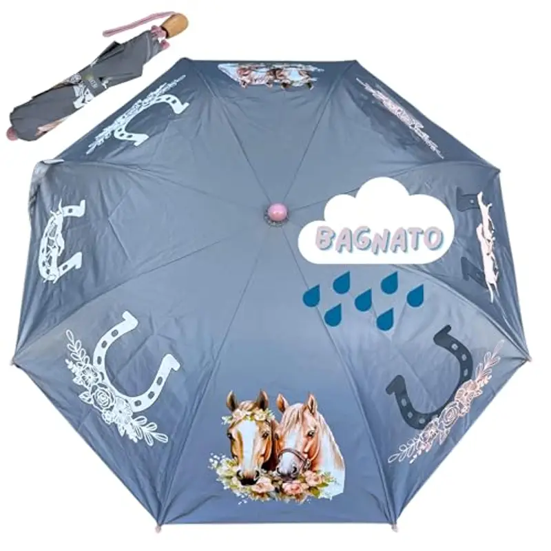 HECKBO Magic Ombrello per bambini - cavallo - cambia colore in caso di pioggia - ombrello pieghevole: si adatta a qualsiasi zaino scolastico