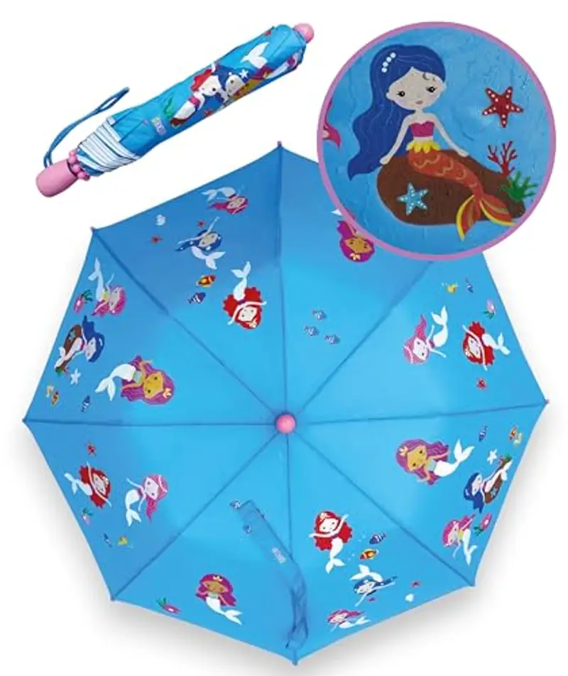 HECKBO ombrello a sirena magico per bambini - cambia colore quando piove - ombrello pieghevole per bambine: sta in ogni zaino di scuola