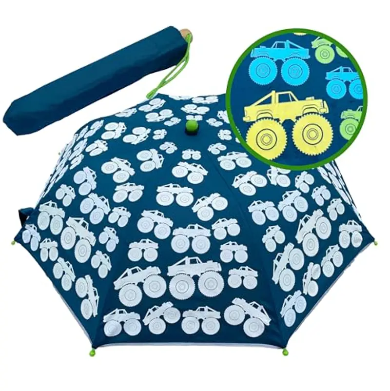 HECKBO Ombrello per bambini Monster Truck Magic per bambini e bambine - cambia colore quando piove - ombrello tascabile - sta in ogni zaino