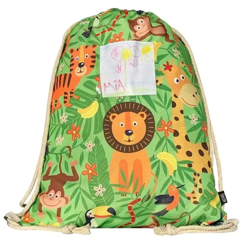 HECKBO Sacca per Bambini, Ragazzi e Ragazze con Taschino di Sicurezza per Foto - Giungla - Lavabile in Lavatrice - 40x32cm - Ideale per
