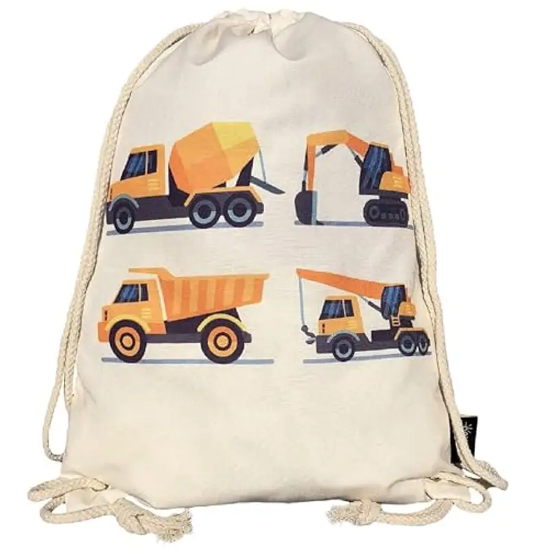 HECKBO Sacca per Bambini, Ragazzi - Sfondo beige - 40x32cm - Motivo con Mezzi da Lavoro - Asilo, Scuola Materna, Gita