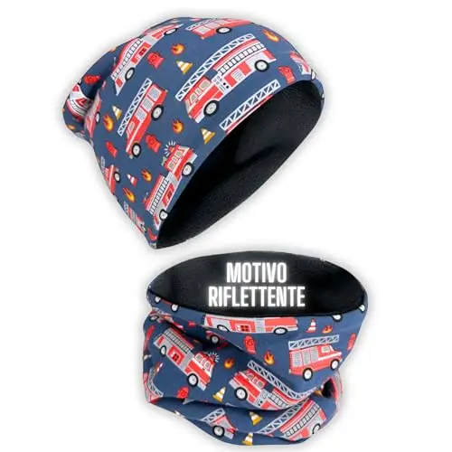 HECKBO set berretto e sciarpa ad anello invernale 360° riflettore per bambini - pompieri fodera in pile - 2-6 anni