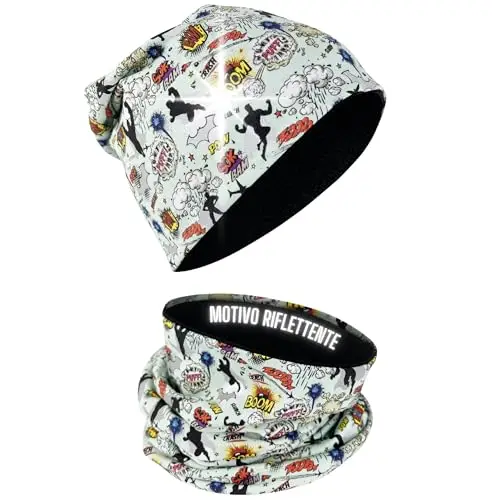 HECKBO set berretto e sciarpa ad anello invernale 360° riflettore per bambini - supereroe - fodera in pile - 2-6 anni