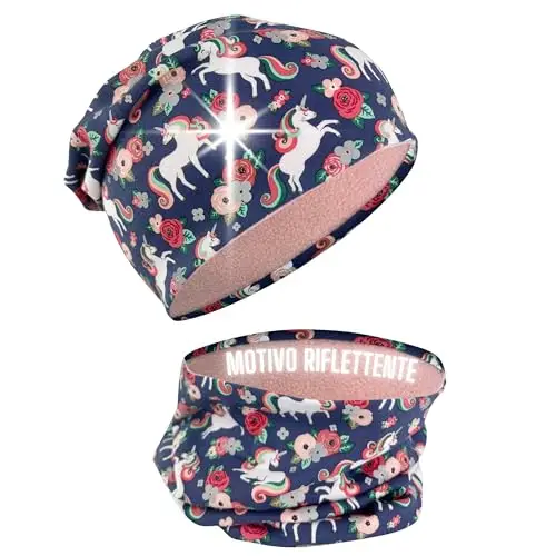 HECKBO set berretto e sciarpa ad anello invernale 360° riflettore per bambini - unicorno fodera in pile - 2-6 anni