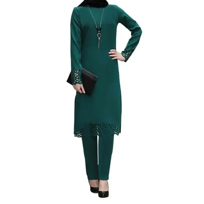Abbigliamento da donna Abaya musulmano Set camicetta a maniche lunghe Pantaloni Abito caftano islamico 4XL colore verde scuro
