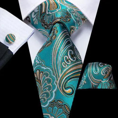 Hi-Tie Set di cravatte in seta da uomo con gemelli a forma di fazzoletto da taschino con cravatta in tinta unita Paisley a righe N-3200