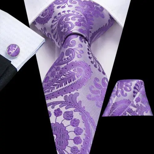 Hi-Tie Set di cravatte in seta da uomo con gemelli a forma di fazzoletto da taschino con cravatta in tinta unita Paisley a righe N-3224