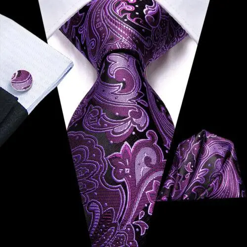 Hi-Tie Set di cravatte in seta da uomo con gemelli a forma di fazzoletto da taschino con cravatta in tinta unita Paisley a righe N-3544