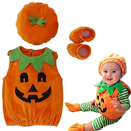 Hifot 3 Pezzi Vestito Zucca Neonato, Costume Zucca Bambino Pagliaccetto con Cappello e Scarpa Costumi Halloween Bambini