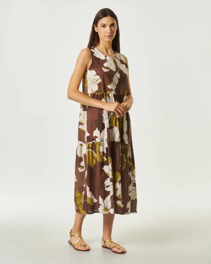 Hlo! Abito midi smanicato marrone in cotone a balze con stampa floreale coccio e verde oliva