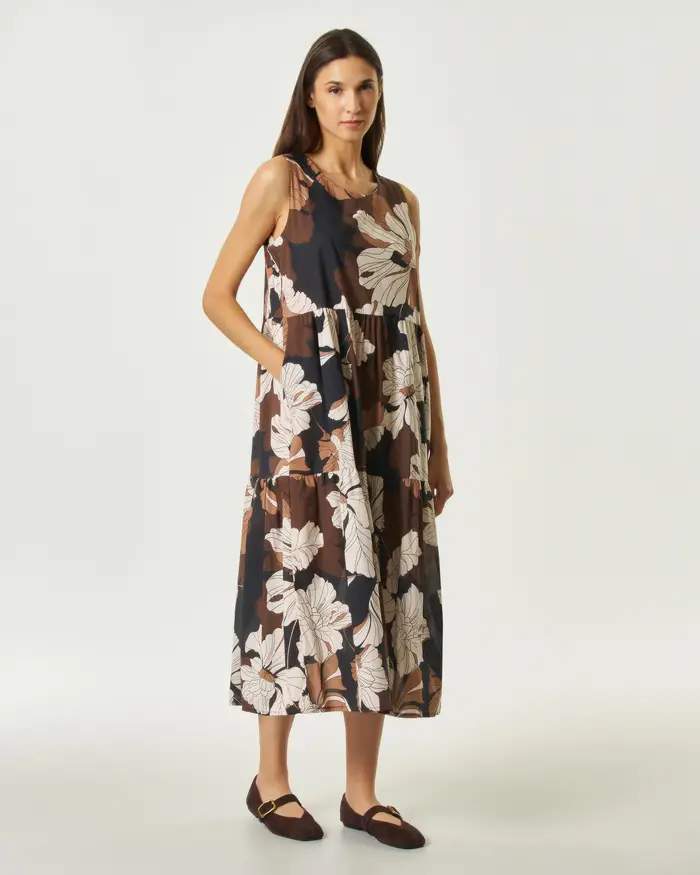 Hlo! Abito midi smanicato nero in cotone a balze con stampa floreale panna e marrone