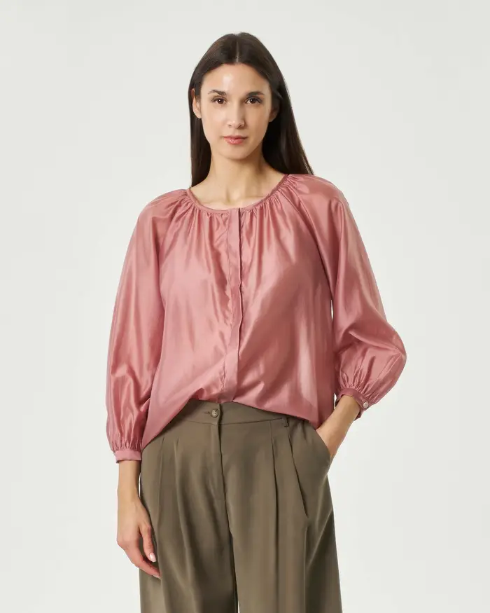 Hlo! Blusa rosa in mussola di lyocell con maniche a tre quarti e abbottonatura nascosta