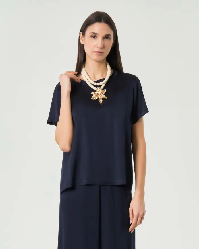 Blusa maniche corte Hlo! blu in raso di viscosa