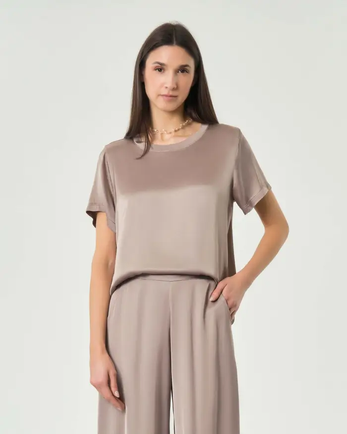 Blusa maniche corte Hlo! fango in raso di viscosa