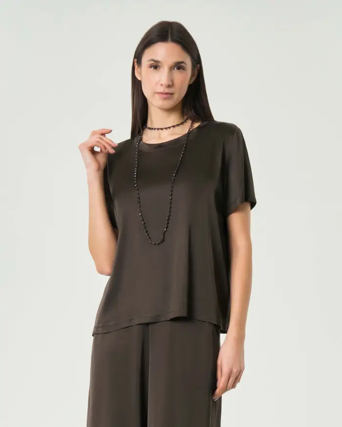 Blusa maniche corte Hlo! marrone in raso di viscosa