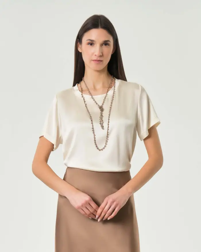 Blusa maniche corte Hlo! panna in raso di viscosa
