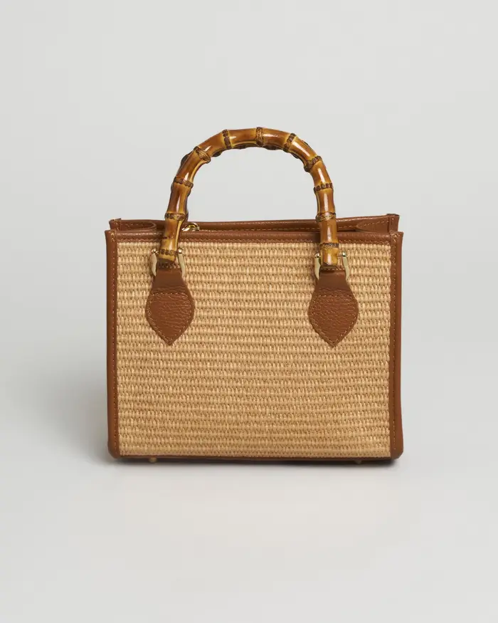 Hlo! Borsa piccola a mano in rafia intrecciata e pelle color cuoio con manici effetto bamboo e tracolla