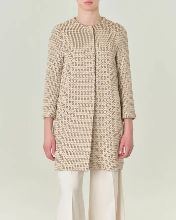 Cappottino color ecrù in stuoia di misto cotone a microfantasia tabacco senza colletto