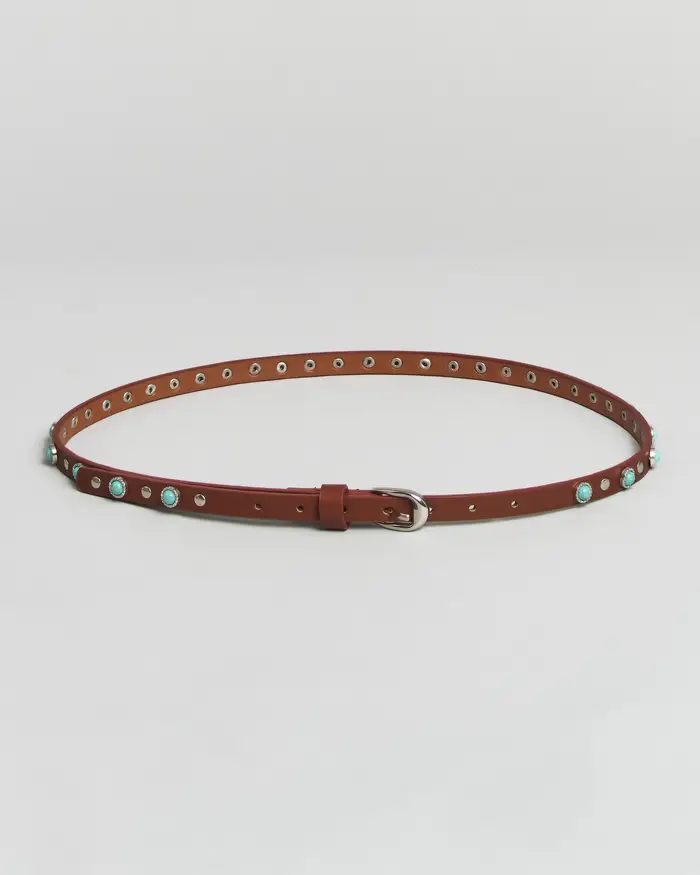 Hlo! Cintura sottile in pelle color cuoio con borchie argento e pietre turchesi