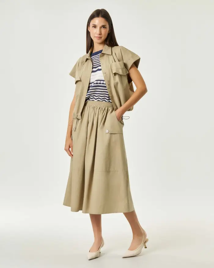 Hlo! Completo camicia cropped e gonna midi beige in puro cotone