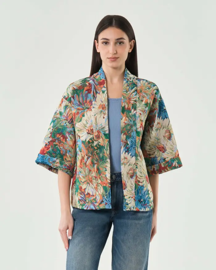 Hlo! Giacca a kimono in jacquard a fantasia floreale