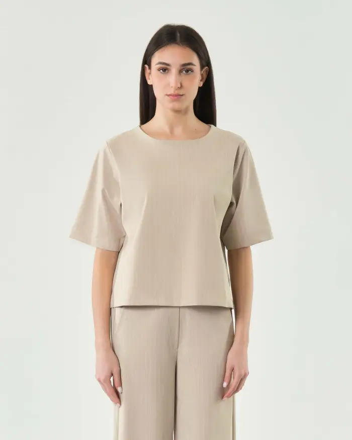Hlo! Maglia mezze maniche beige gessata ampia in misto cotone con scollo a giro