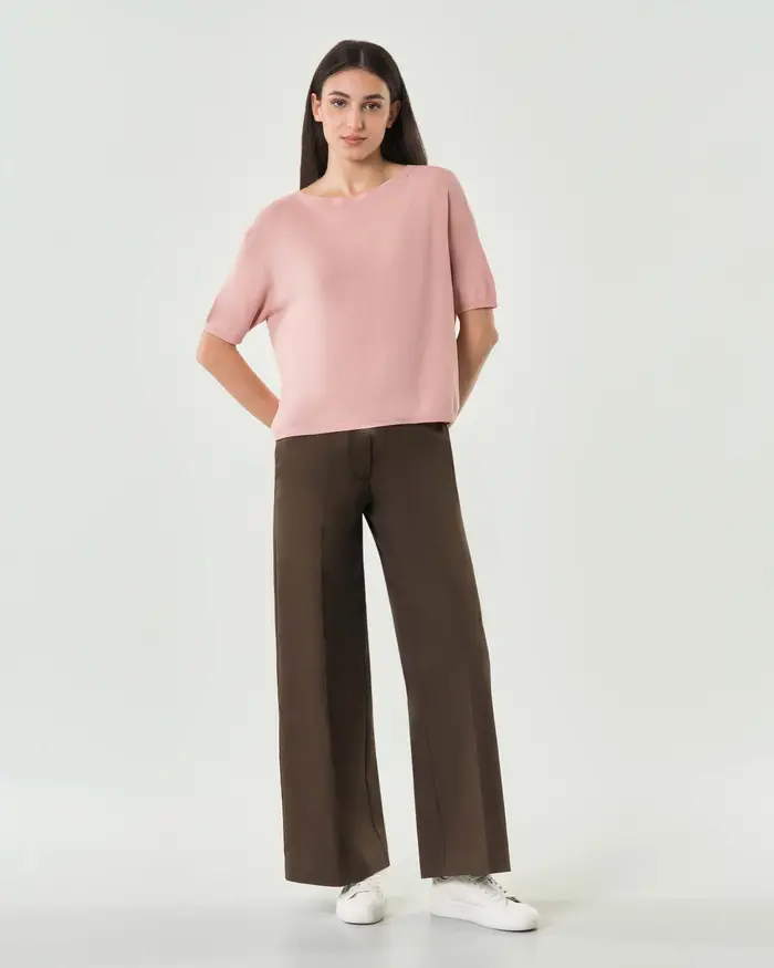Hlo! Pantalone a palazzo marrone con piega stirata e pince sul retro