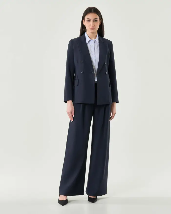 Hlo! Pantalone blu a palazzo con pince e passanti per cintura