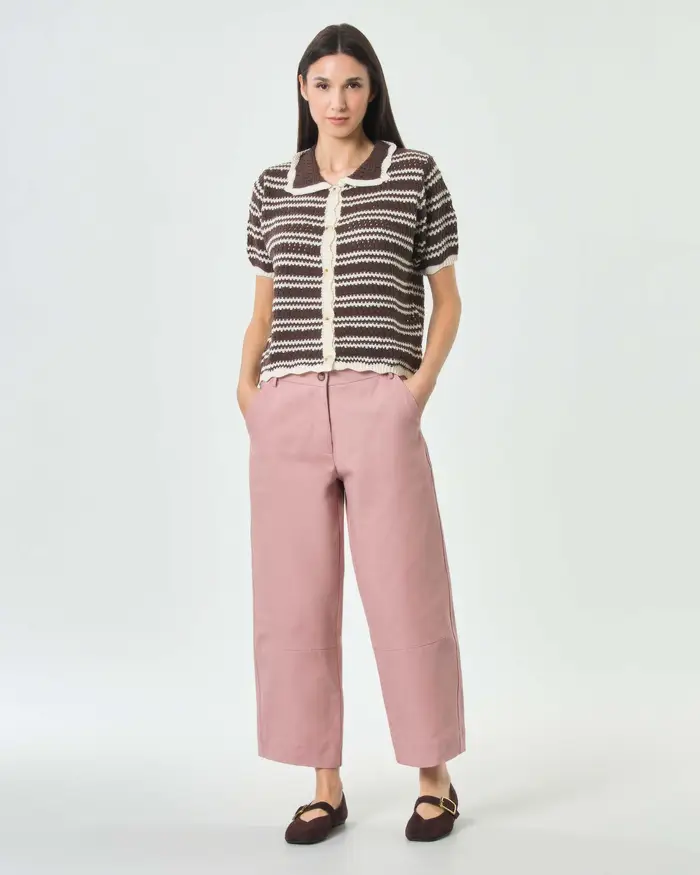 Hlo! Pantalone cropped carrot fit rosa in bull di cotone con tasche alla francese