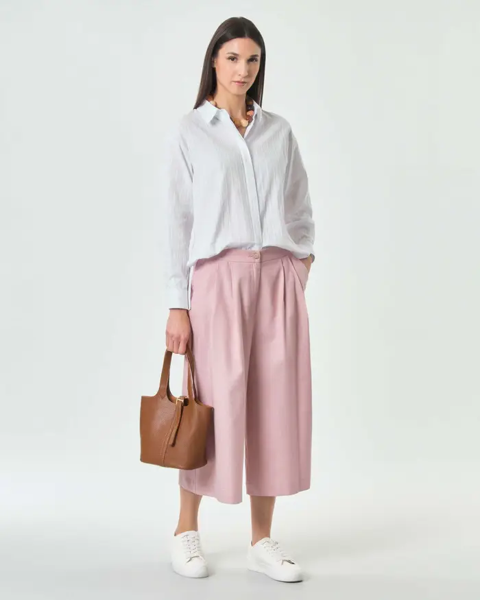 Hlo! Pantalone cropped wide leg rosa in cotone e lino con pinces in vita e tasche alla francese