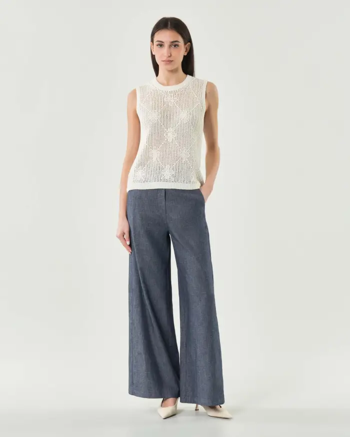 Hlo! Pantalone palazzo in denim misto cotone e lino con elastico in vita