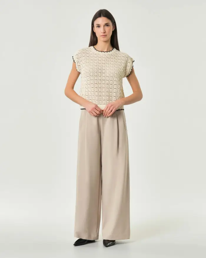 Pantalone wide beige Hlo! con pince ed elastico in vita