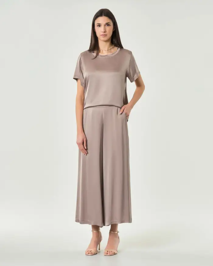 Pantaloni cropped Hlo! color fango in raso di viscosa
