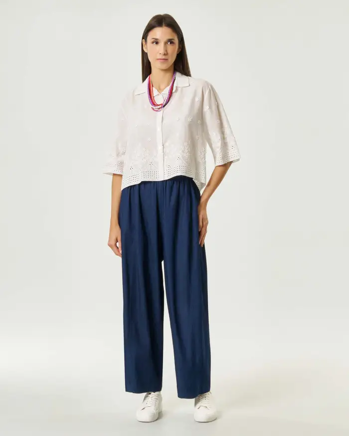 Hlo! Pantaloni Japan fit in chambray di cotone blu con vita elasticizzata