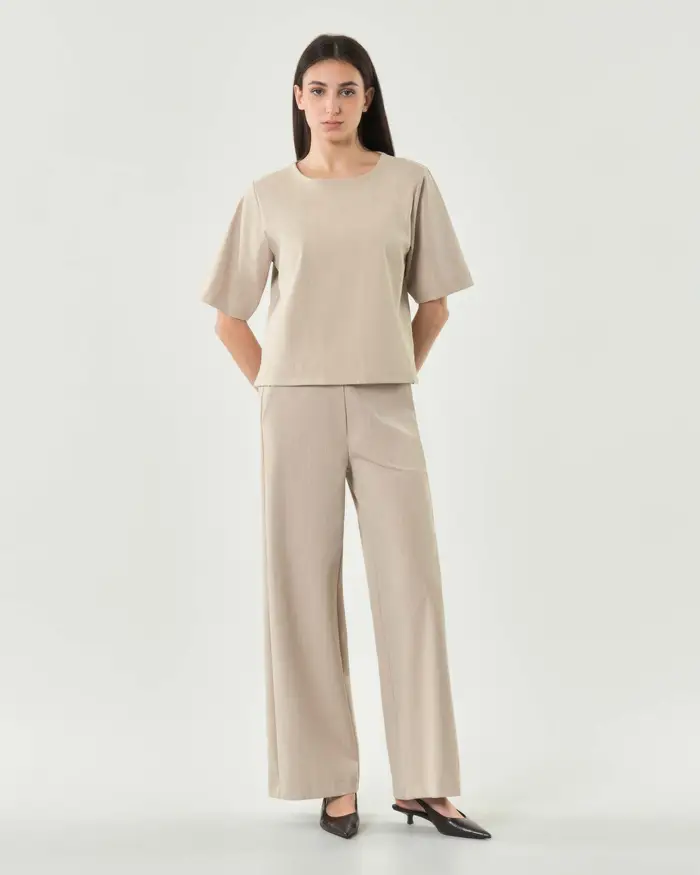 Hlo! Pantaloni palazzo beige gessato in misto cotone con tasche alla francese ed elastico in vita