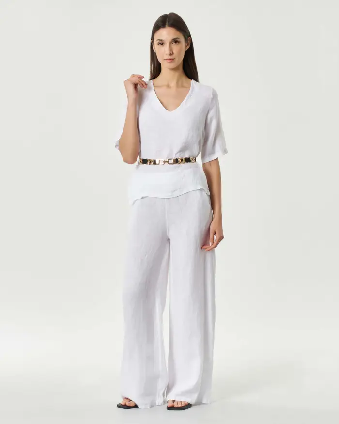 Hlo! Pantaloni palazzo bianchi in puro lino con vita elasticizzata e tasche laterali