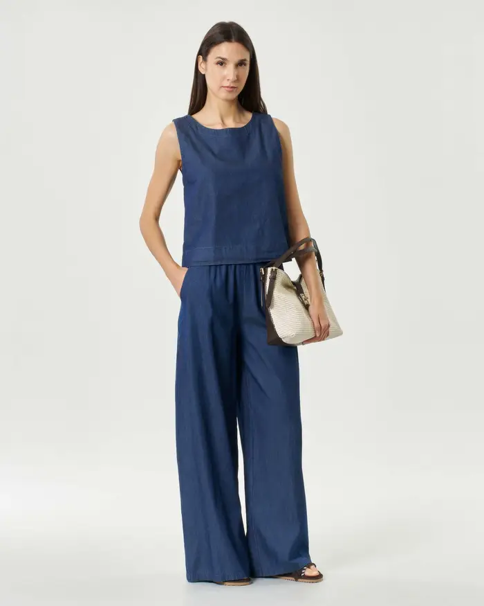 Hlo! Pantaloni palazzo blu denin in chambray di cotone con vita elasticizzata e tasche laterali